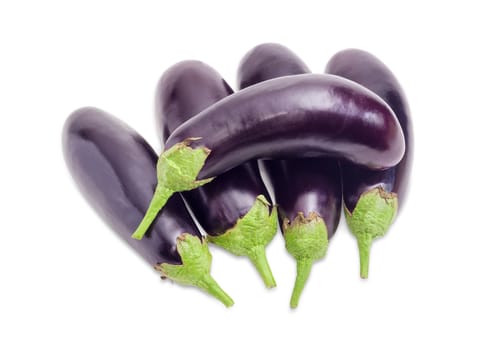 Several fresh purple eggplants on a white background
