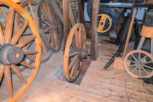 Workshop of a craft business for the production of old wagon wheels made of wood.