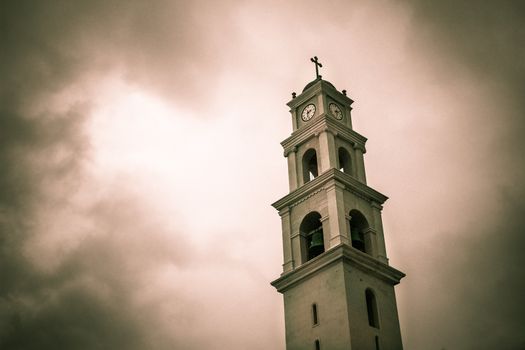 Scary church clock tower.
Red and black overlay colors.