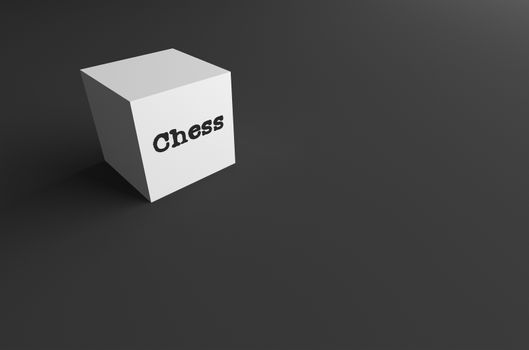 3D RENDERING WORD Chess WRITTEN ON WHITE CUBE WITH BLACK PLAIN BACKGROUND