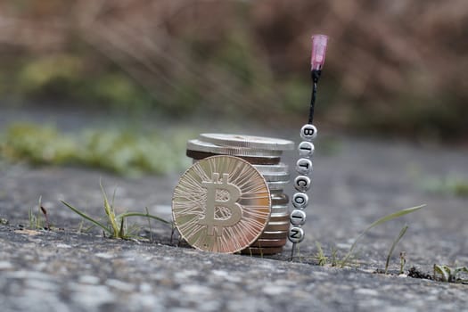 Digital currency physical gold bitcoin coin near inscription on the needle.