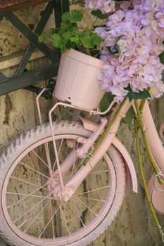 vintage Pink bicycle with basket of flowers