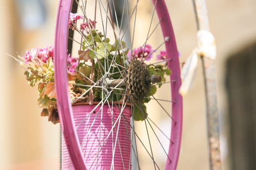 Pink bicycle wheel in  Alguero , sardinia, italy