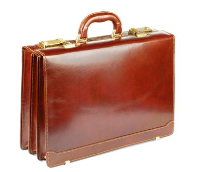Classic Ginger Leather Briefcase with Gold Details isolated on White background