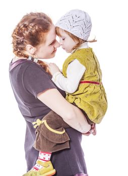 Mother with daughter sharing secrets isolated on white