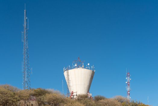 A water reservoir and telecommunications towers in the centre of Windhoek, the capital city of Namibia