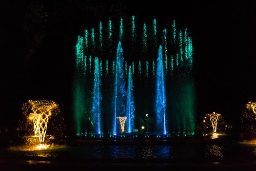 Colorful musical fountain in Margaret Island, Budapest, Hungary at night
