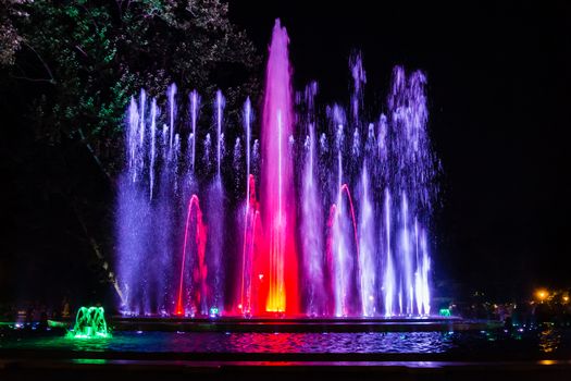 Colorful musical fountain in Margaret Island, Budapest, Hungary at night

