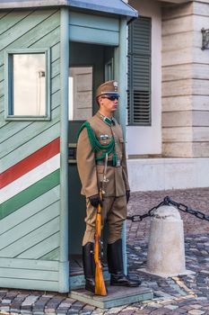 Budapest, Hungary - September 19, 2015: Ceremonial guard at the Presidential Palace. They guard the entrance of the Presidents office in the Sandor Palace, Budapest, Hungary 

