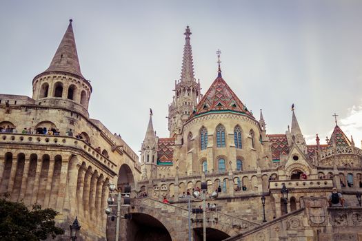 Budapest, Hungary - September 19, 2015: People visit the Fisherman's Bastion in Budapest, Hungary at sunset time
