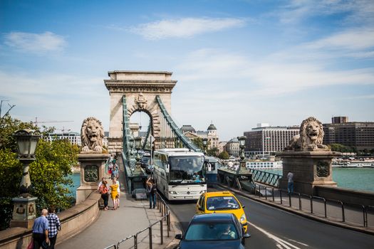 The Szechenyi Chain Bridge is a beautiful, decorative suspension bridge that spans the River Danube of Budapest, the capital of Hungary.
