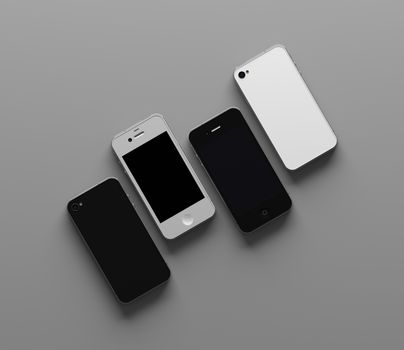 3D RENDERING OF TOUCHSCREEN SMARTPHONES ON GREY PLAIN BACKGROUND