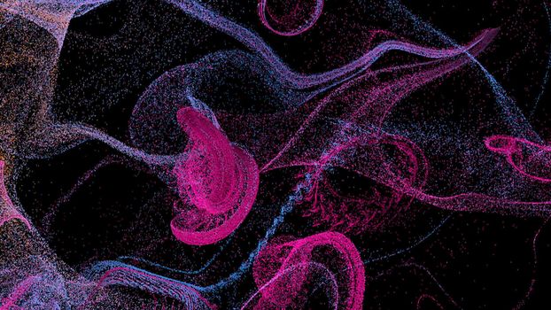 Abstract background with colorful particles in the wind. Digital backdrop. 3d render