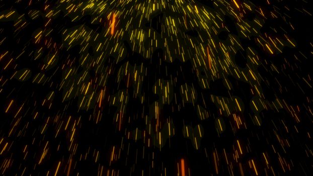 Orange and gold embers or particles motion blur fill a black background. 3d rendering