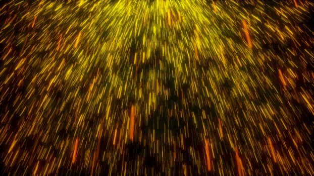 Orange and gold embers or particles motion blur fill a black background. 3d rendering