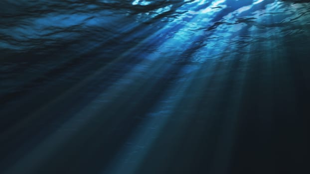 High quality ocean waves from realistic underwater. Light rays shining through. Computer graphic 3d rendering