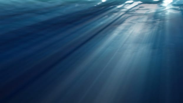 High quality ocean waves from realistic underwater. Light rays shining through. Computer graphic 3d rendering