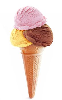 Assorted icecream scoops on a cone including chocolate, vanilla and strawberry