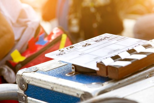 detail of film slate close up. Behind the scene background.,film idustry equipment