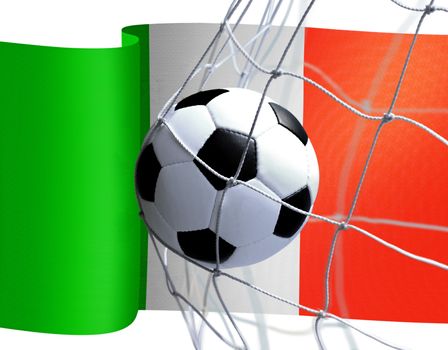 soccer ball in goal net on Italian flag background