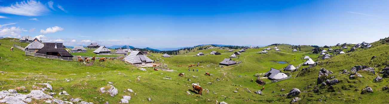 Velika planina plateau, Slovenia, Mountain village in Alps, wooden houses in traditional style, popular hiking destination