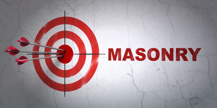 Success constructing concept: arrows hitting the center of target, Red Masonry on wall background, 3D rendering