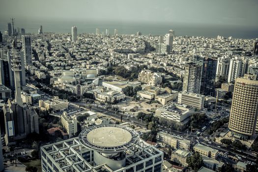 Aerial view of the City of Tel Aviv, Israel.
Tel Aviv Museum and the Cameri Theatre in the center of the image.
The Mediterranean Sea in the background.