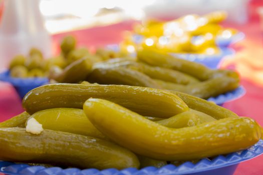 Appetizer food with pickled vegetables of cucumber and olives on picnic table.