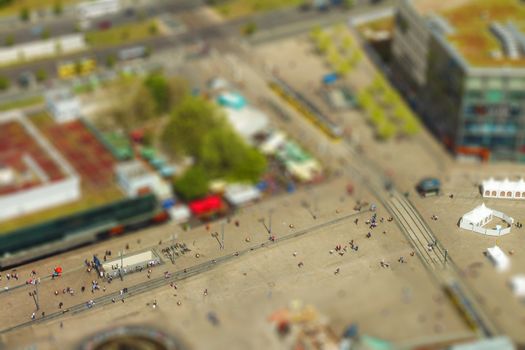Aerial view of the Alexanderplatz public square in Berlin. with tilt-shift effect.