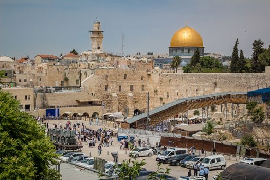 Prayers at the Western Wall and the Dome of the Rock in the old city of Jerusalem Israel.