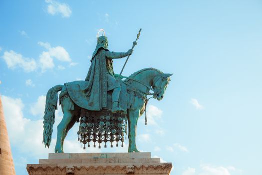 Bronze statue of Stephen I of Hungary at the Fisherman's Bastion in Budapest, Hungary  
