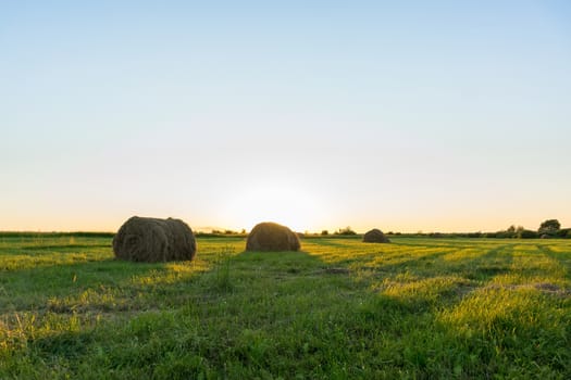 Sheaf of hay on the field at sunset, Tambov region, summer, sunset, evening