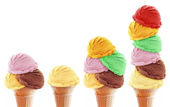 Various icecream scoop flavors in cones closeup