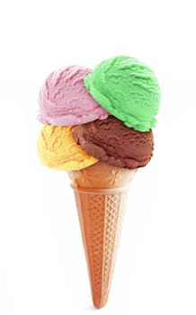 Four assorted flavored icecream scoops on a cone including chocolate, vanilla and strawberry
