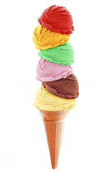 Stack of icecream scoops on top of a cone over a white background