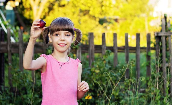 A lovely beautiful girl holds a plum in her hand in the evening garden.