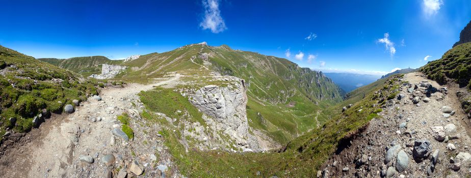 Panoramic view of Mount Bucegi on summer, part of the Carpathian Range from Romania