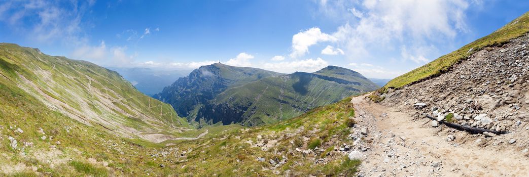 Panoramic view of Mount Bucegi on summer, part of the Carpathian Range from Romania