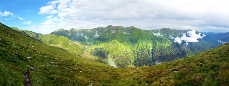 Panoramic view of Fagaras Mountain on summer, part of the Carpathian Range from Romania