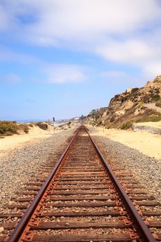 Train tracks run through San Clemente State Beach in Southern California in summer.