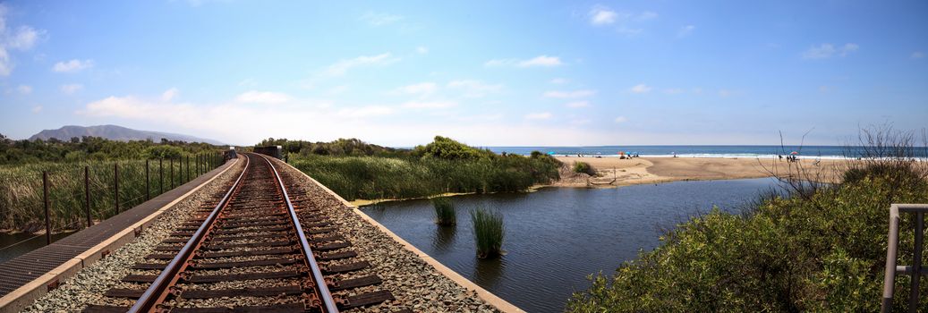 Train tracks run through San Clemente State Beach in Southern California in summer.