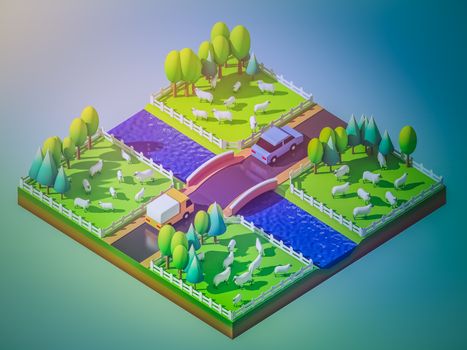 Sheep in the landscape, isometric view