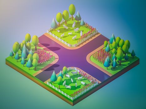 Sheep in the landscape, isometric view