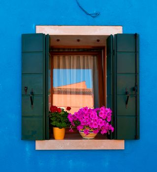 Window of the house in Burano with flowers and shutters, Italy