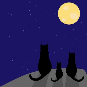 Silhouette of three black cats with full moon and stars on the sky