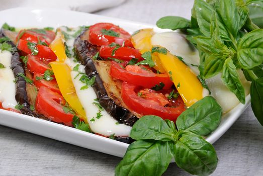 Baked eggplants with tomatoes, yellow pepper and slices  mozzarella 
