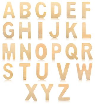 Set of Wooden alphabet letters isolated on white background.