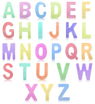 colorful Set of Wooden alphabet letters isolated on white background.