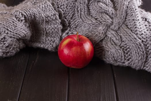 Red apple in a knitted gray sweater