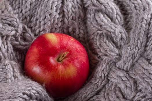 Red apple in a knitted gray sweater